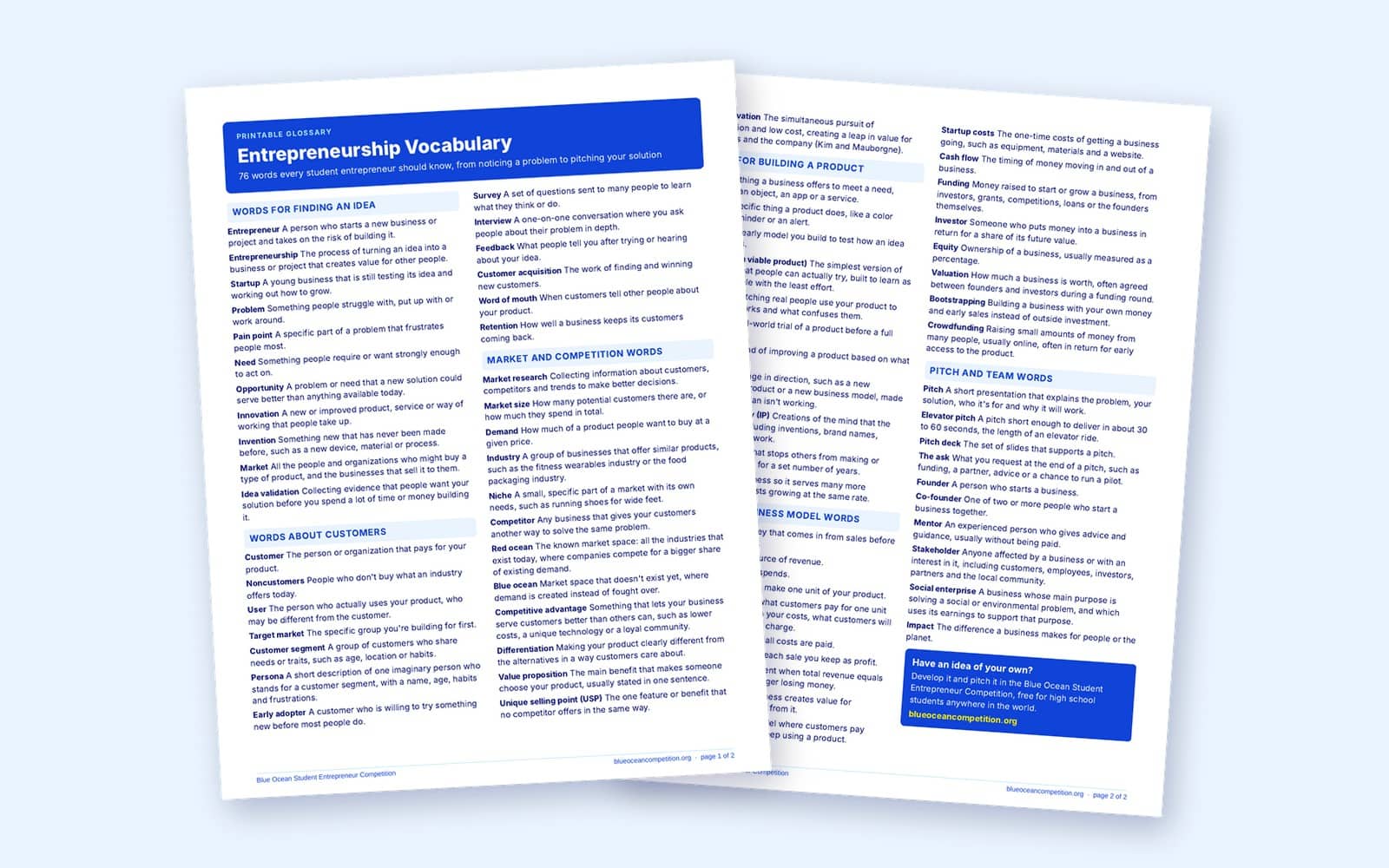 Printable entrepreneurship vocabulary list, two pages