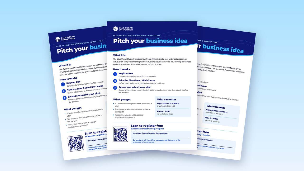 Three copies of the Blue Ocean Competition A4 flier